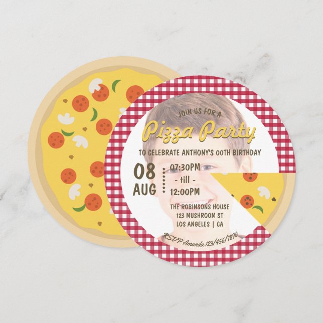 Lägg till bild inbjudan till Pizza Födelsedagsfest (Fram/baksida)
