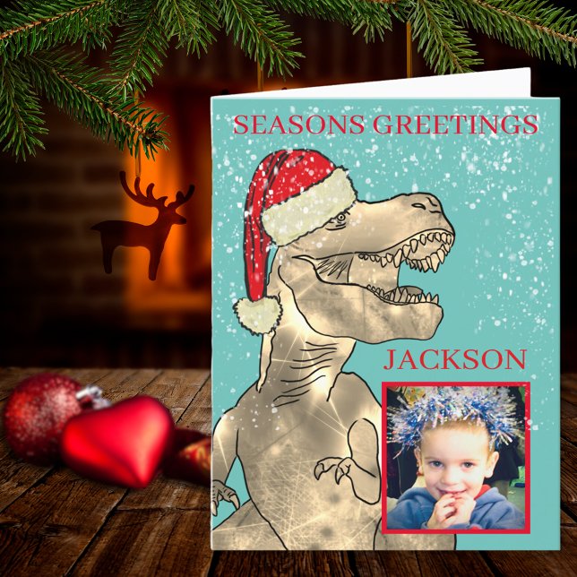 Lägg till bild juldosinosaur T-Rex Helgkort (Christmas dinosaur T-Rex wearing a Santa hat seasons greetings photo template holiday folded card)