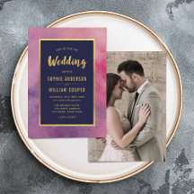 Lägg till bild Lila Rosa Watercolor & Guld Bröllop