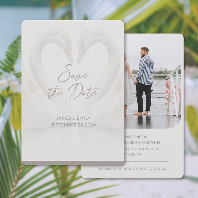 Lägg till bild Svan Bröllop spara datum-kort Spara Datumet (Add Photo Swan Wedding Save the Date Card (front and back))