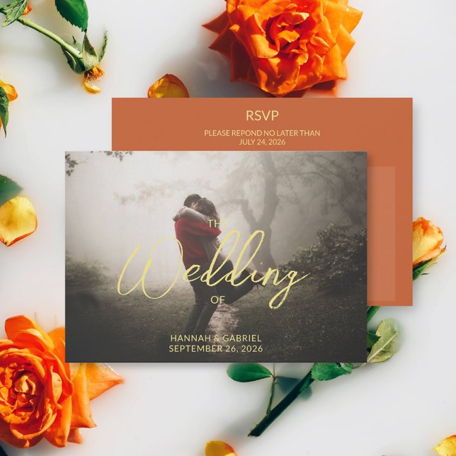 Lägg till bild val av Bröllop-måltid OSA Kort (The front and back of the Add Photo Wedding Meal Choice RSVP card)