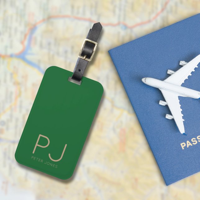 Lägg till den första enkla monogramPersonligen Bagagebricka (Initial Monogram Simple Green Personalised Luggage Tag
)