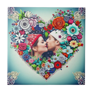Lägg till din Bild Blommigt Heart Ram Kakelplatta