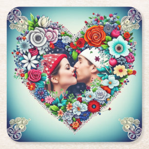 Lägg till din Bild   Blommigt Heart Ram Underlägg Papper Kvadrat