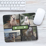Lägg till din egen Hund Photo Collage-Grönt Musmatta<br><div class="desc">Lägg till egna foton för husdjur. Utformningen har 4 foton på ett rutnät med solid rektangel i mitten med ord "kärlek" och accenthjärtan på vardera sidan.</div>