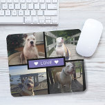 Lägg till din egen Hund Photo Collage-Lila Musmatta<br><div class="desc">Lägg till egna foton för husdjur. Utformningen har 4 foton på ett rutnät med solid rektangel i mitten med ord "kärlek" och accenthjärtan på vardera sidan.</div>