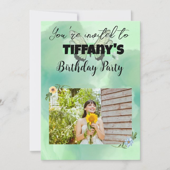 Lägg till din fotoinbjudan med blomma och fjäder inbjudningar (Framsida)