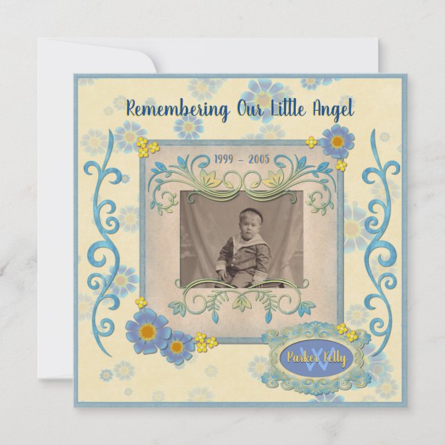 Lägg till din fotominnestjänst Blåa blommor Ram Inbjudningar (Framsida)