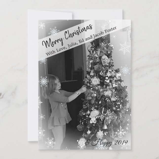 Lägg till din fotosnöflake, svart och vit jul inbjudningar (Framsida)