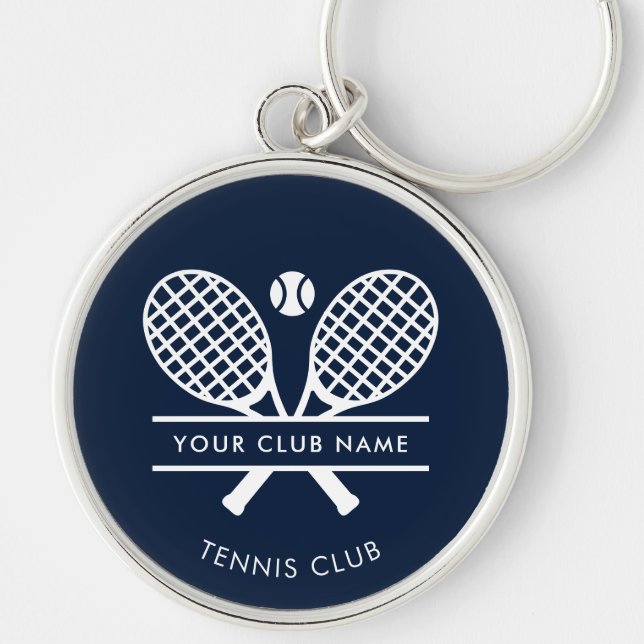 Lägg till din Klubb Namn Tennis Team Navy Blue Anp Rund Silverfärgad Nyckelring (Framsidan)