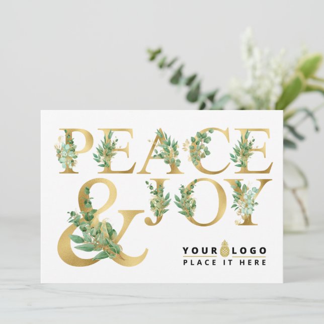 Lägg till din Logotyp | Elegant Guld Peace & Joy Julkort (Stående Fram)