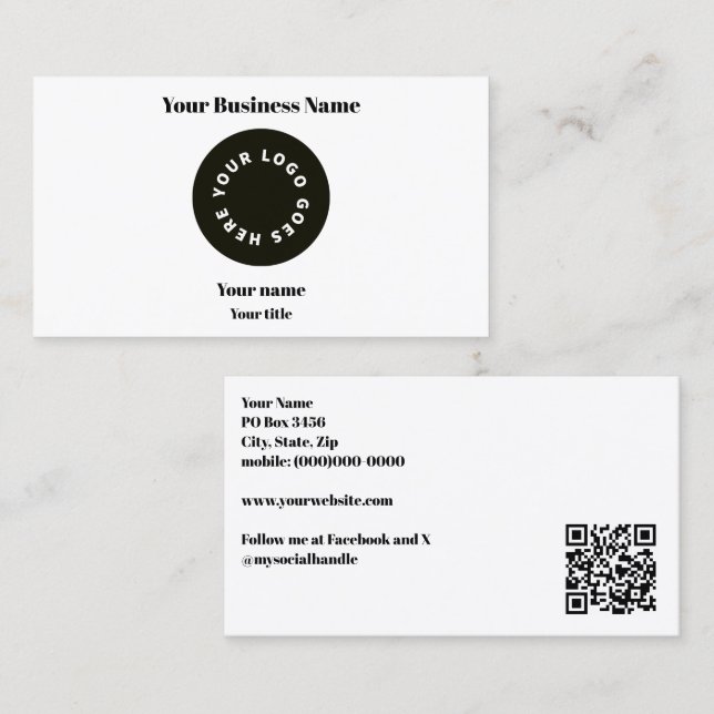 Lägg till din Logotyp i modern vit med QR-kod Visitkort (Fram/baksida)