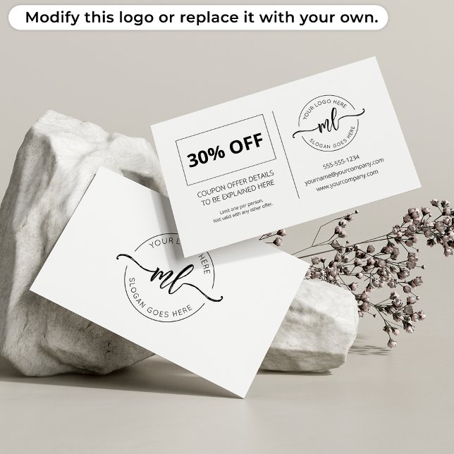 Lägg till din logotyp Monogram Initialer Kund Vit Rabattkort (Skapare uppladdad)