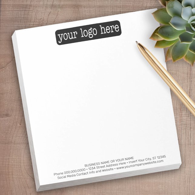 Lägg till din logotyp och 3 textrader - Minimal Anteckningsblock (Personalized Notepad with Your Logo - add contact info for a great promotional product)
