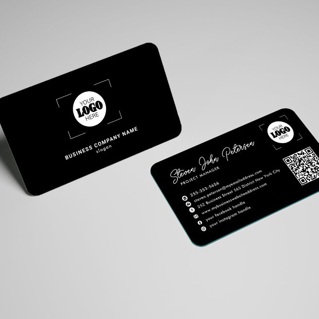 Lägg till din logotyp professionell QR-kod svart Visitkort (You can choose the ROUNDED CORNERS option)