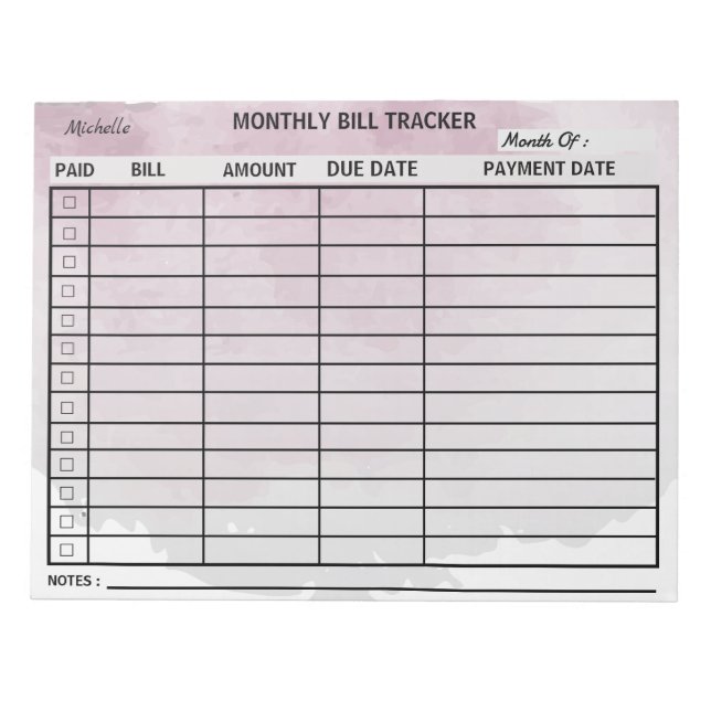 Lägg till din månatliga Bill Tracker - vattenfärg Anteckningsblock (Framsida)