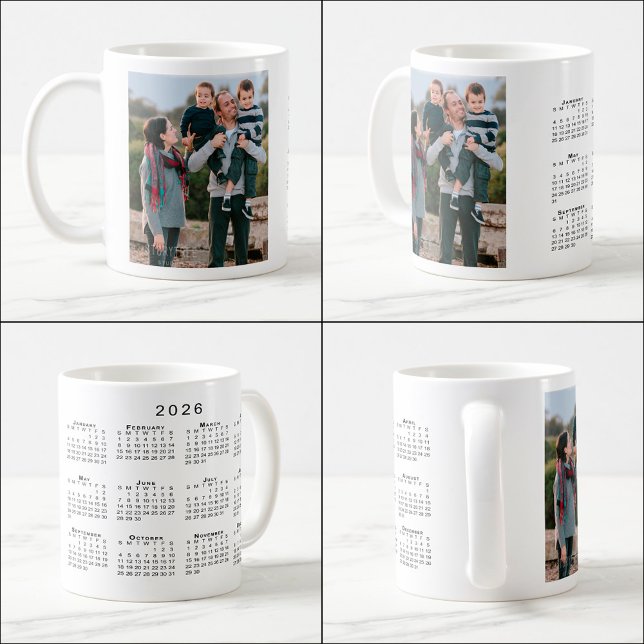 Lägg till din Photo Anpassningsbar 2026-kalender Kaffemugg (Add Your Photo Custom 2026 Calendar Coffee Mug, multiple views)