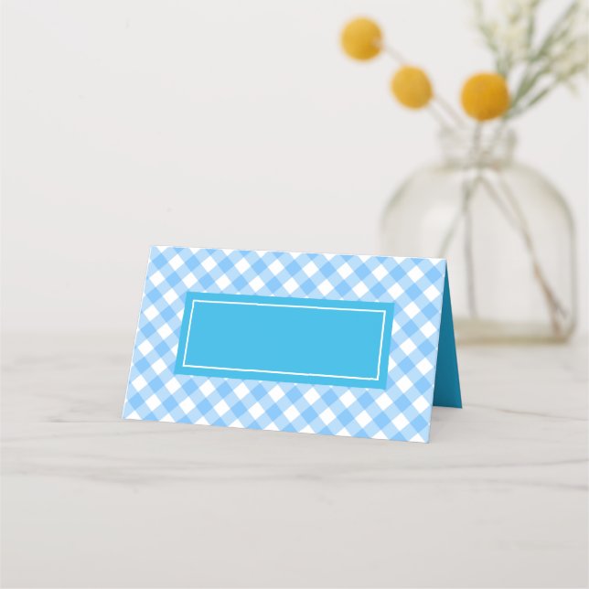 Lägg till din text Baby blue Gingham Mönster Placeringskort (Framsida)