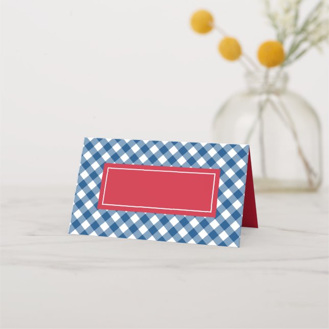 Lägg till din Text Blue Gingham Mönster med Red Placeringskort (Framsida)