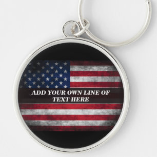 Lägg till din text på amerikansk flagga rund silverfärgad nyckelring