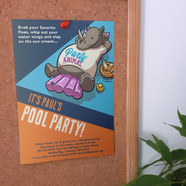 Lägg till din text Party djur Noshörning Pool Teck Inbjudningar (Skapare uppladdad)
