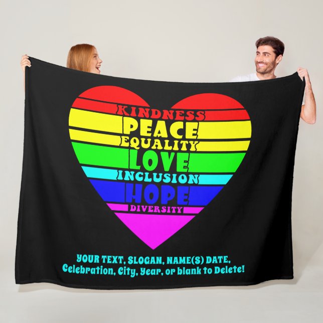 Lägg till din text, Rainbow Heart Peace Equality K Fleecefilt (På plats)