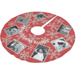 Lägg till ditt 7-foto i Modern Red Rustic Snowflak Julgransmatta Borstad Polyester