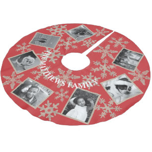 Lägg till ditt 7-foto i Modern Red Rustic Snowflak Julgransmatta Borstad Polyester