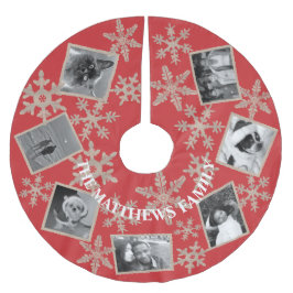 Lägg till ditt 7-foto i Modern Red Rustic Snowflak Julgransmatta Borstad Polyester