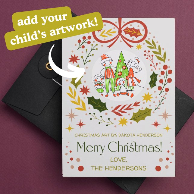 Lägg till ditt barns konst | Modern julfrö Julkort (add your child's art christmas holiday car modern wreath customizable children's picture)