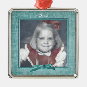 Lägg till ditt foto - Aqua Chenille Square-mall Julgransprydnad Metall