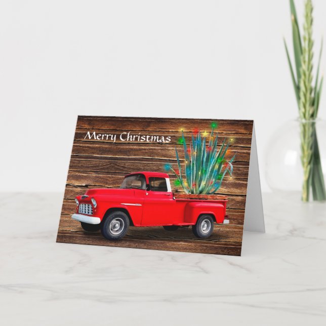 Lägg till ditt foto inuti, Red Lastbil med Cactus. Helgkort (Framsida)