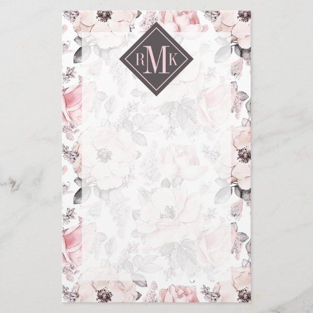 Lägg till ditt Monogram| Klassisk Rosa och Grått M Brevpapper (Framsida)