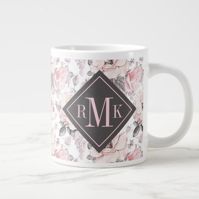 Lägg till ditt Monogram| Klassisk Rosa och Grått M Jumbo Mugg (Höger)