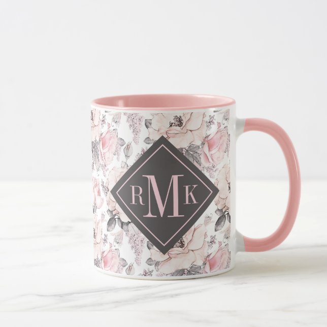 Lägg till ditt Monogram| Klassisk Rosa och Grått M Mugg (Höger)