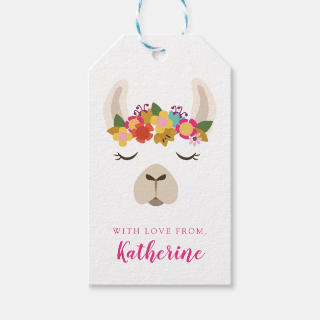 Lägg till ditt namn | Alpaca & Flowers Mönster Presentetikett (Framsidan)
