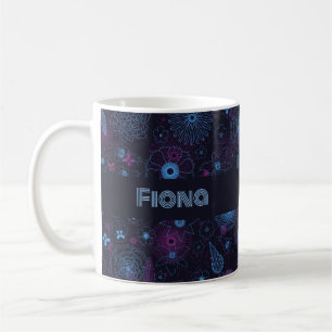 Lägg till Ditt Namn Blommönster Blå och Lila Mönst Kaffemugg