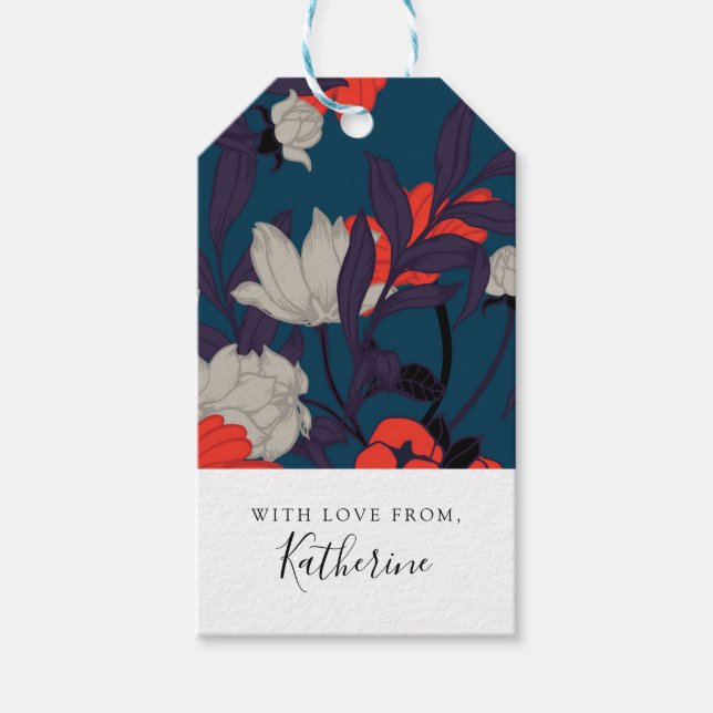 Lägg till ditt namn | Blommönstret Elegant blått o Presentetikett (Framsidan)