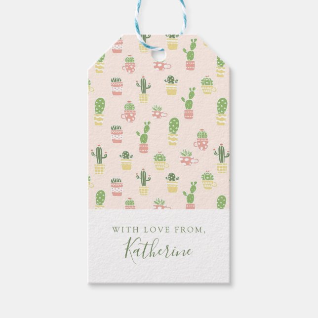 Lägg till ditt namn | Cute Cactus Mönster Presentetikett (Framsidan)