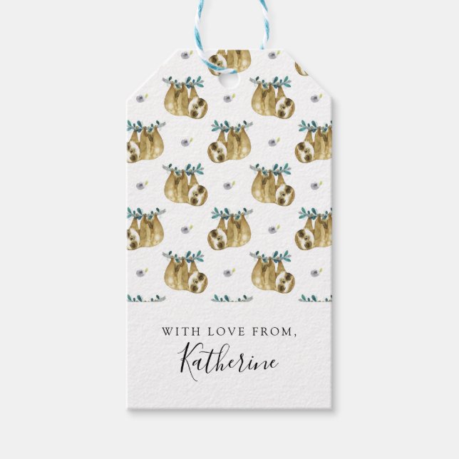 Lägg till ditt namn | Cutie Paj Watercolor Sloth M Presentetikett (Framsidan)