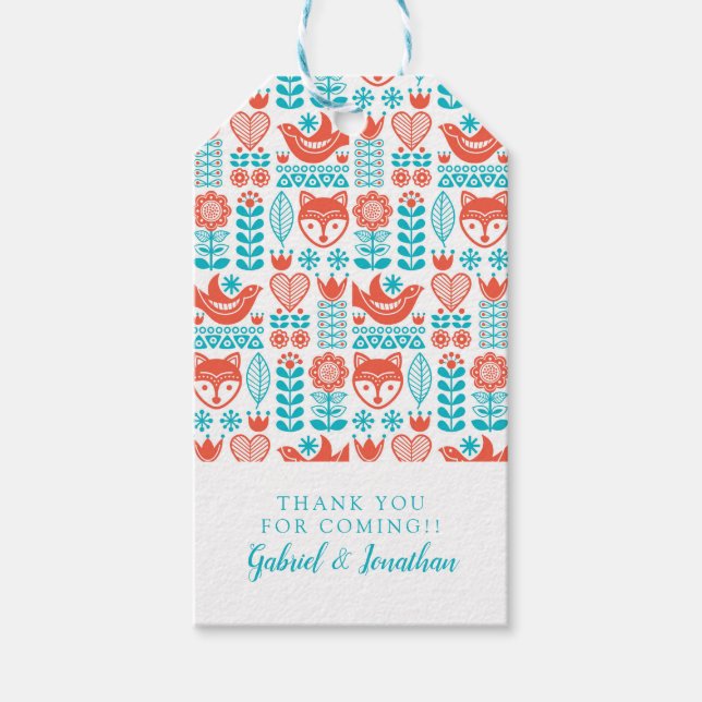 Lägg till ditt namn | Finsk fox & Bird Folk Art Presentetikett (Framsidan)