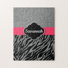 Lägg till ditt namn, Girly Glitter Silver Rosa Zeb Pussel