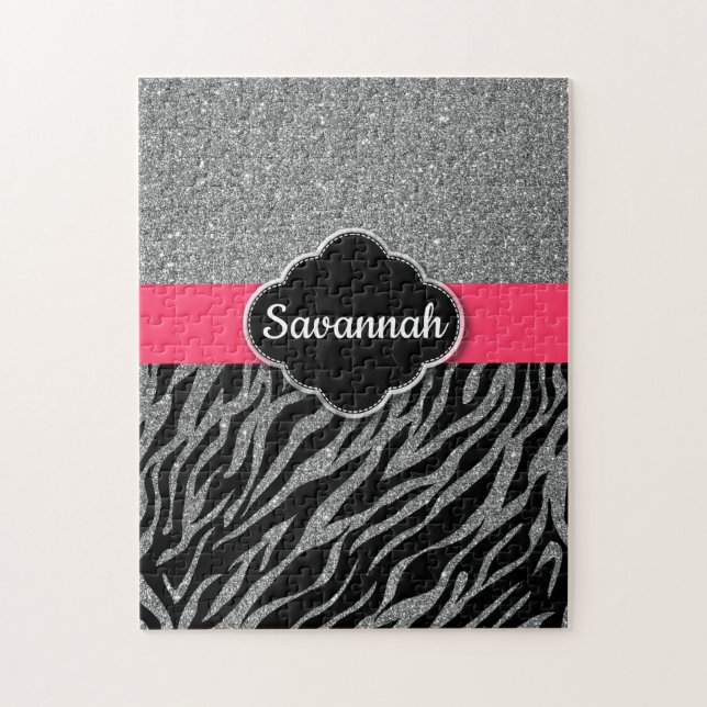 Lägg till ditt namn, Girly Glitter Silver Rosa Zeb Pussel (Vertikal)