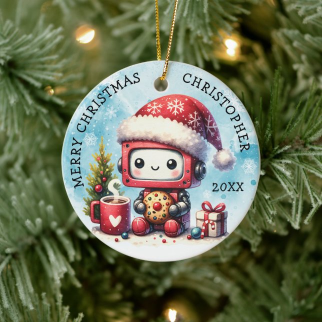 Lägg till ditt namn God jul Cute Robot Julgransprydnad Keramik (Träd)