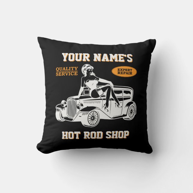 Lägg till ditt namn Hot rod Shop Garage med Dam Kudde (Framsida)