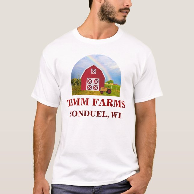 Lägg till ditt namn i Red Barn med Blå himmel Tee Shirt (Framsida)
