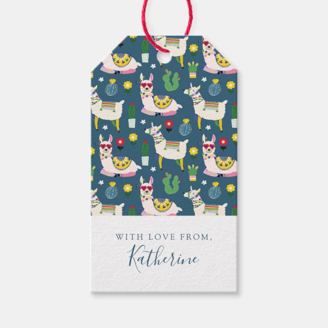 Lägg till ditt namn | Llamor i solglasögon Mönster Presentetikett (Framsidan)