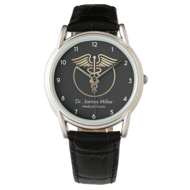 Lägg till ditt namn Medicinsk Caduceus Symbol Blac Armbandsur (Framsida)