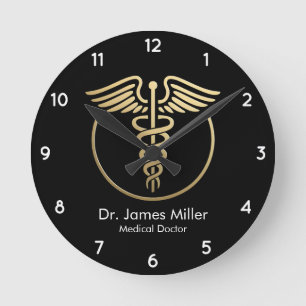 Lägg till ditt namn Medicinsk Caduceus Symbol Blac Rund Klocka