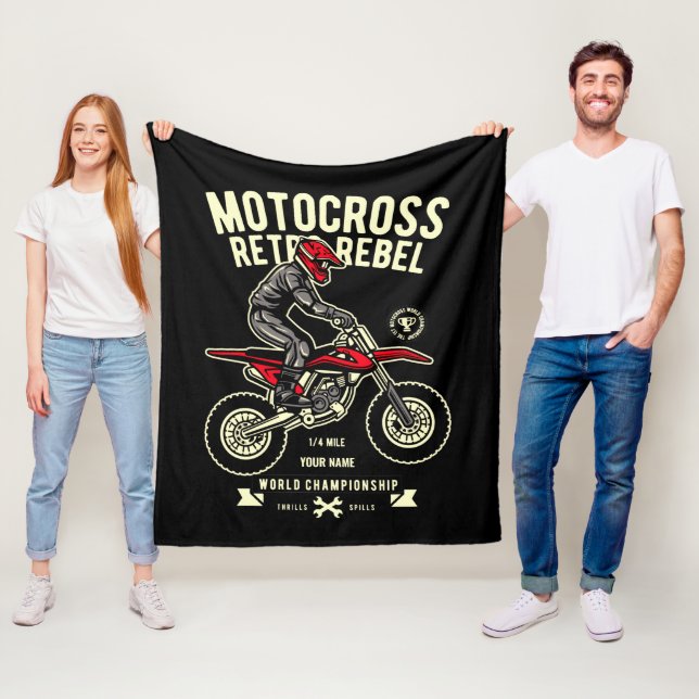 Lägg till ditt NAMN-motocross Retro-rebellmästersk Fleecefilt (På plats)